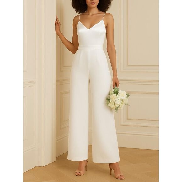 BHLDN JILL STUART White Nicki Jumpsuit Size 2 XS Wide Leg Spaghetti Ivory - Picture 1 of 13